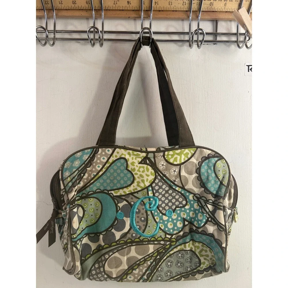 Thirty-One Paisley Heart Canvas Tote Bag Small Teal Green Monogram C Womens